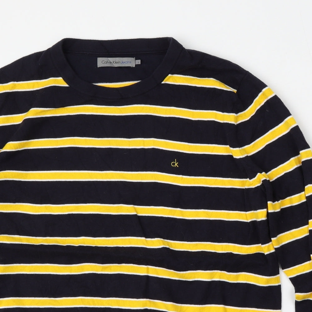Calvin Klein Mens Blue Round Neck Striped Cotton Pullover Jumper Size L