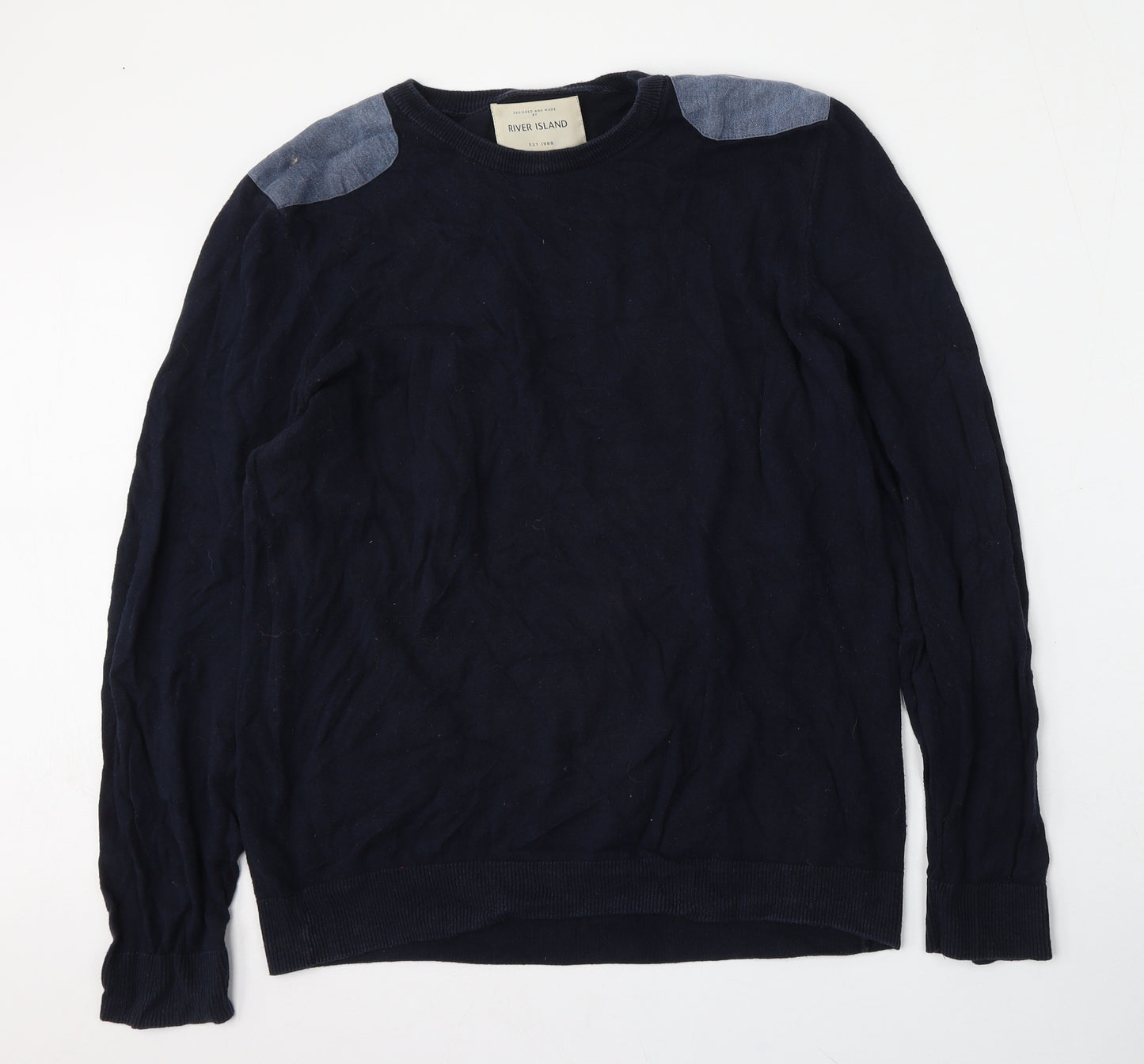 River Island Mens Blue Round Neck  Cotton Pullover Jumper Size M
