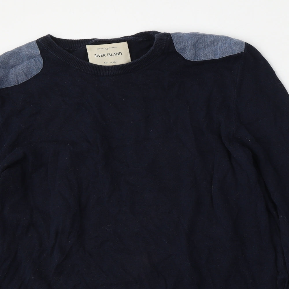 River Island Mens Blue Round Neck  Cotton Pullover Jumper Size M