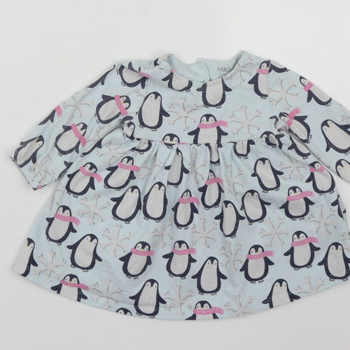 Marks and Spencer Girls Blue  Cotton Fit & Flare  Size 3-6 Months  Round Neck Snap - Penguins