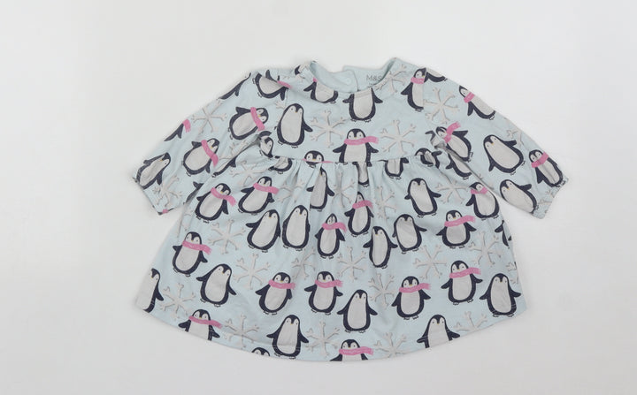 Marks and Spencer Girls Blue Cotton Fit & Flare Size 3-6 Months Round Neck Snap - Penguins
