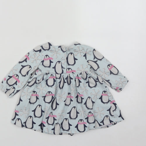 Marks and Spencer Girls Blue  Cotton Fit & Flare  Size 3-6 Months  Round Neck Snap - Penguins