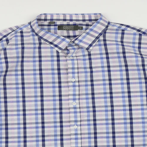 William & Brown Mens Blue Plaid Cotton  Button-Up Size XL Collared Buckle
