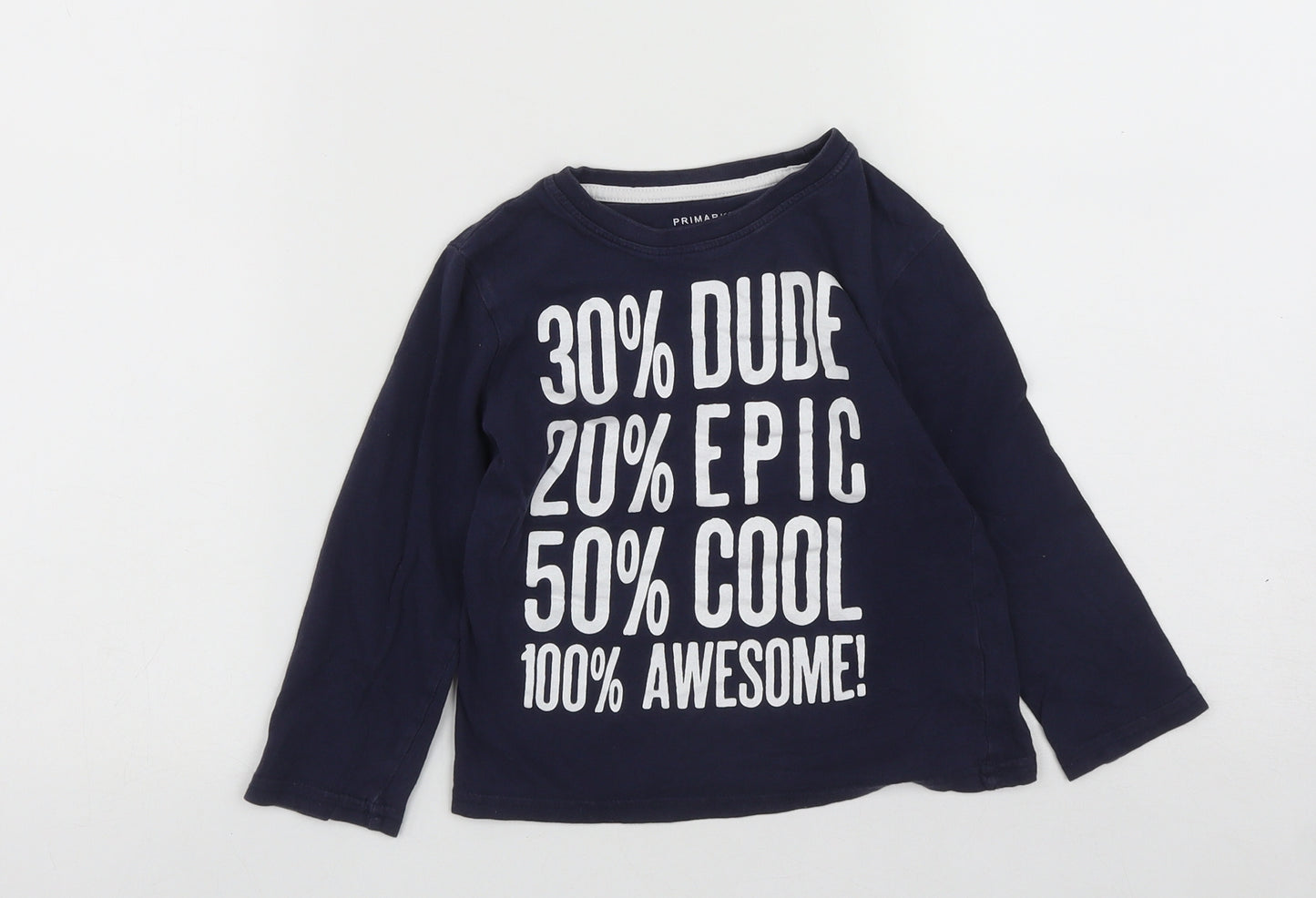 Primark Boys Blue  Cotton Basic Casual Size 3-4 Years Round Neck