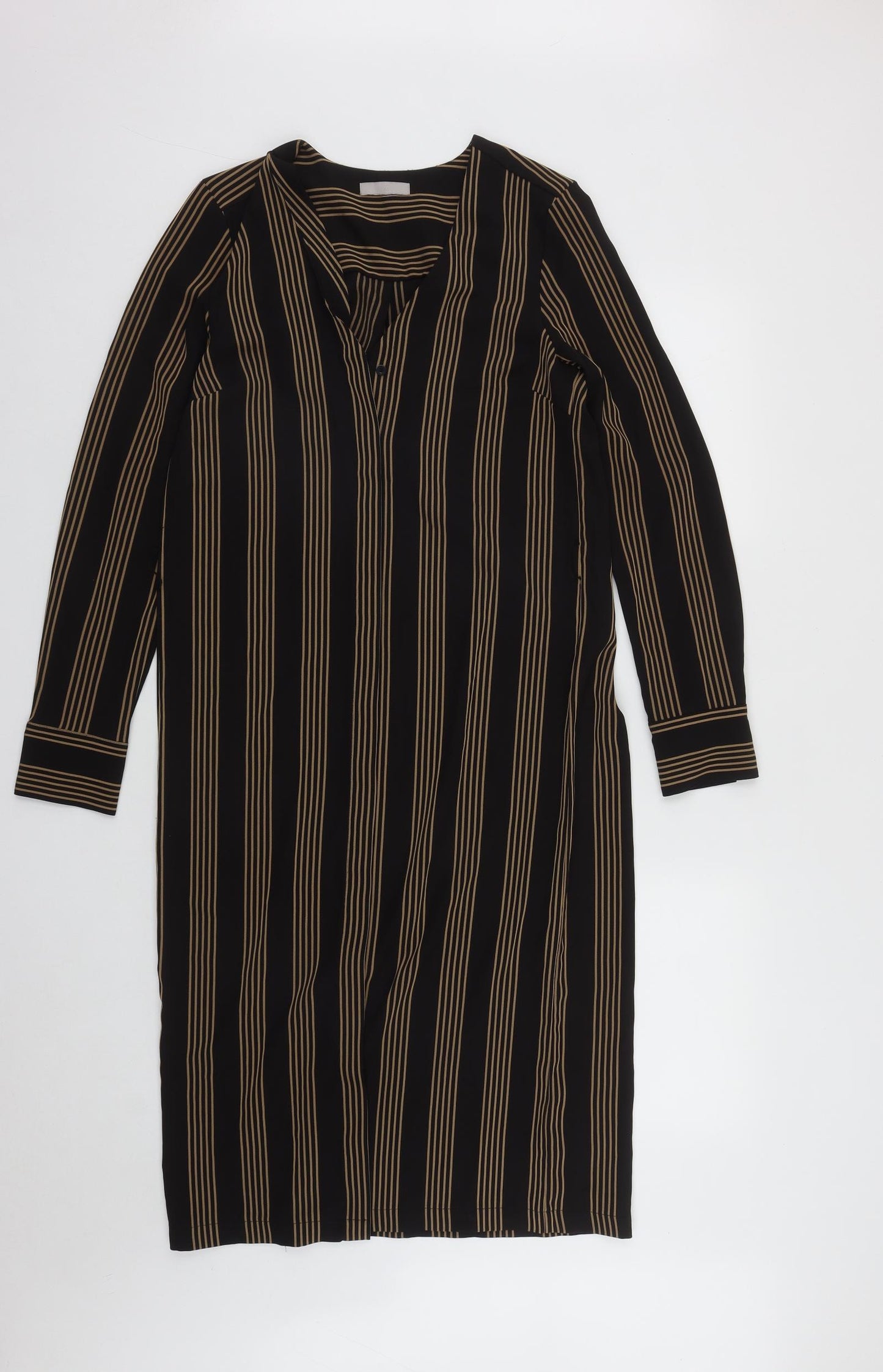 H&M Womens Brown Striped Polyester A-Line  Size 8  V-Neck Button
