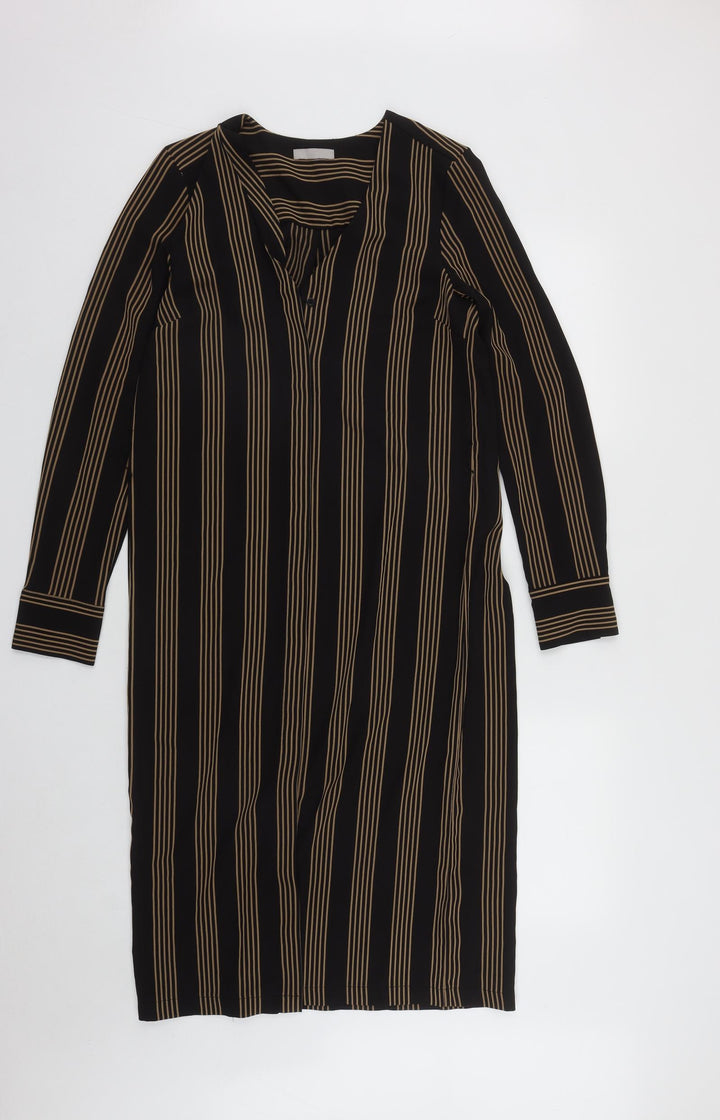 H&M Womens Brown Striped Polyester A-Line  Size 8  V-Neck Button