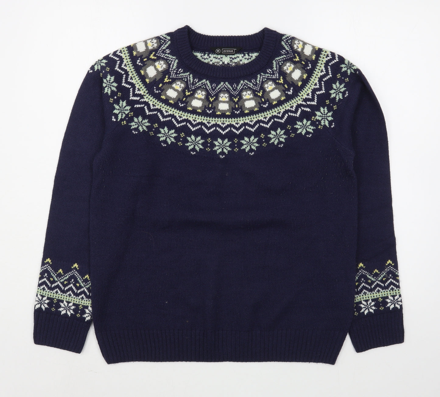 Avenue Womens Blue Round Neck Fair Isle Acrylic Pullover Jumper Size M   - Christmas