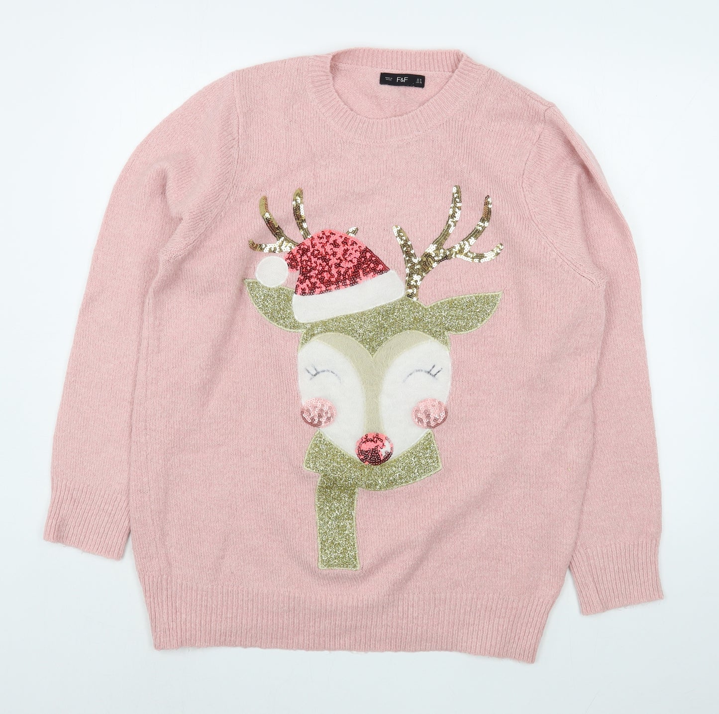 F&F Womens Pink Round Neck  Acrylic Pullover Jumper Size 16   - Christmas