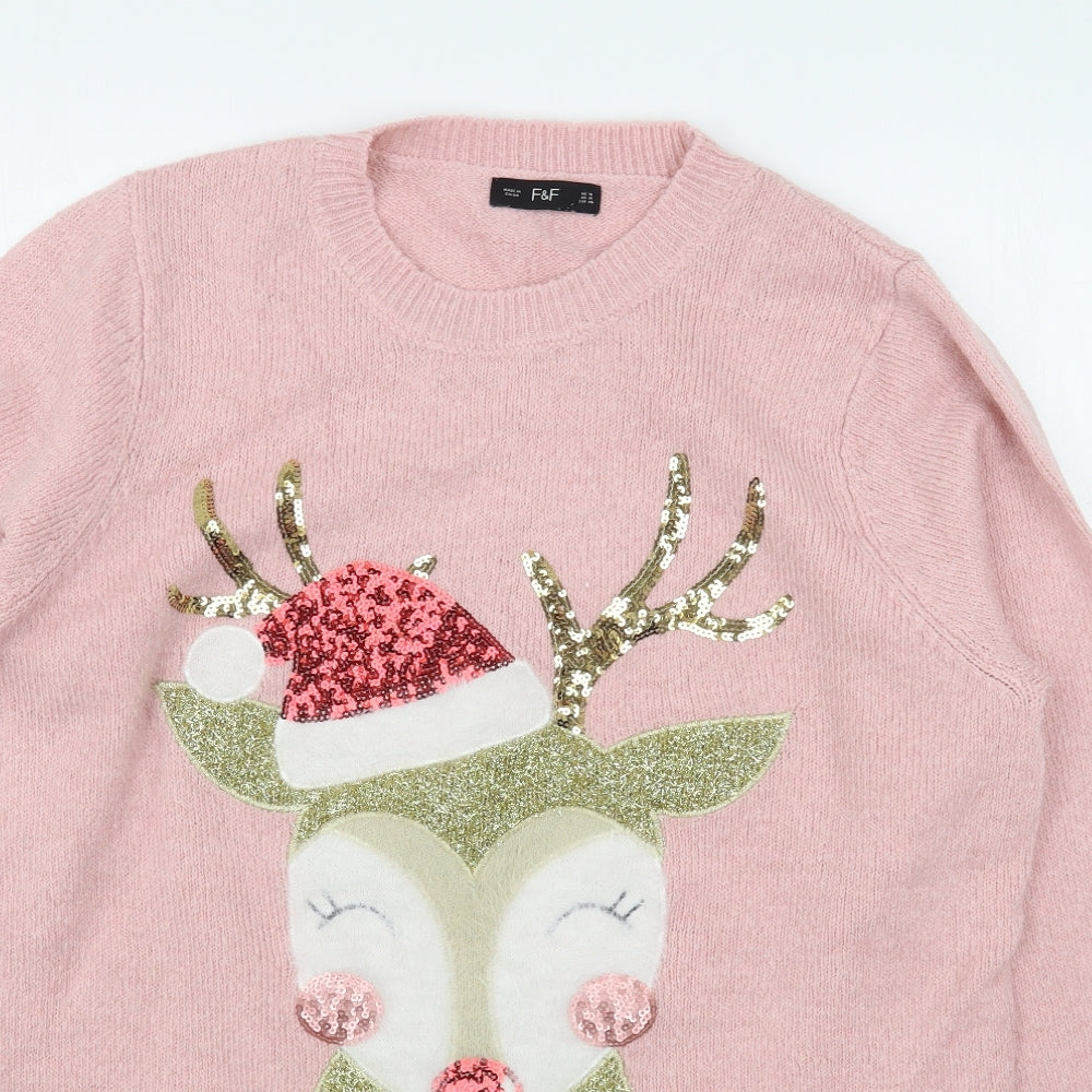 F&F Womens Pink Round Neck  Acrylic Pullover Jumper Size 16   - Christmas