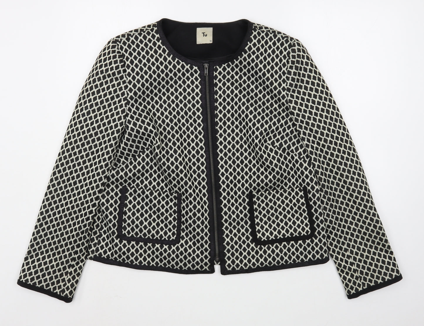 TU Womens Black Geometric  Jacket Blazer Size 16  Zip
