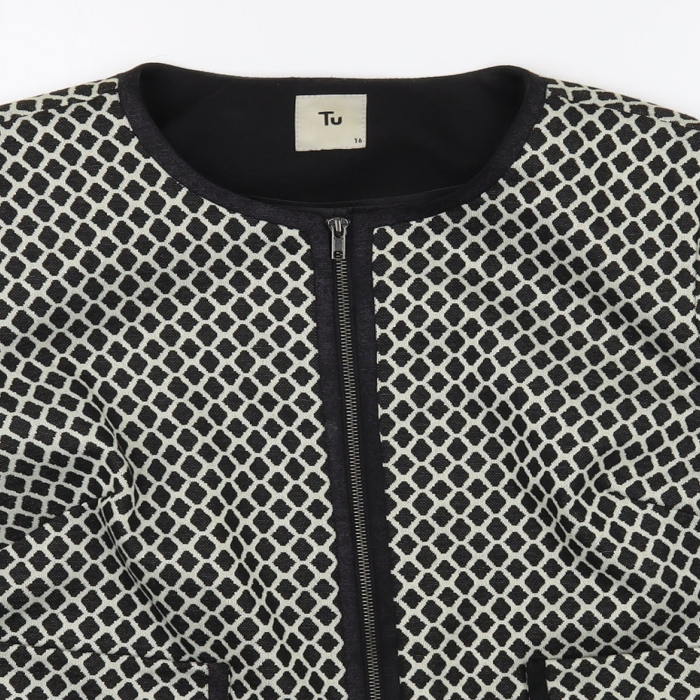 TU Womens Black Geometric  Jacket Blazer Size 16  Zip