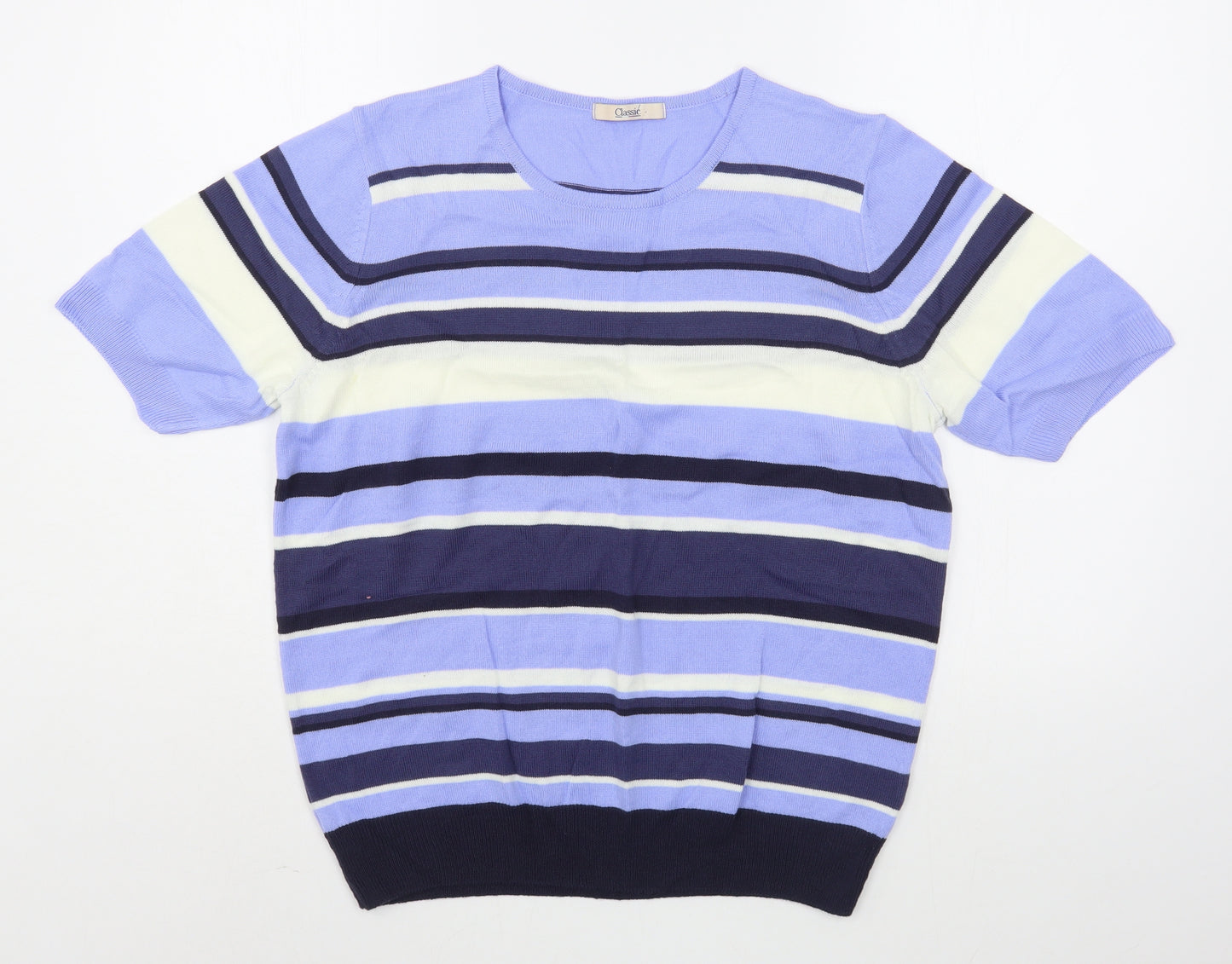 Marks and Spencer Womens Blue Round Neck Striped Acrylic Pullover Jumper Size 14