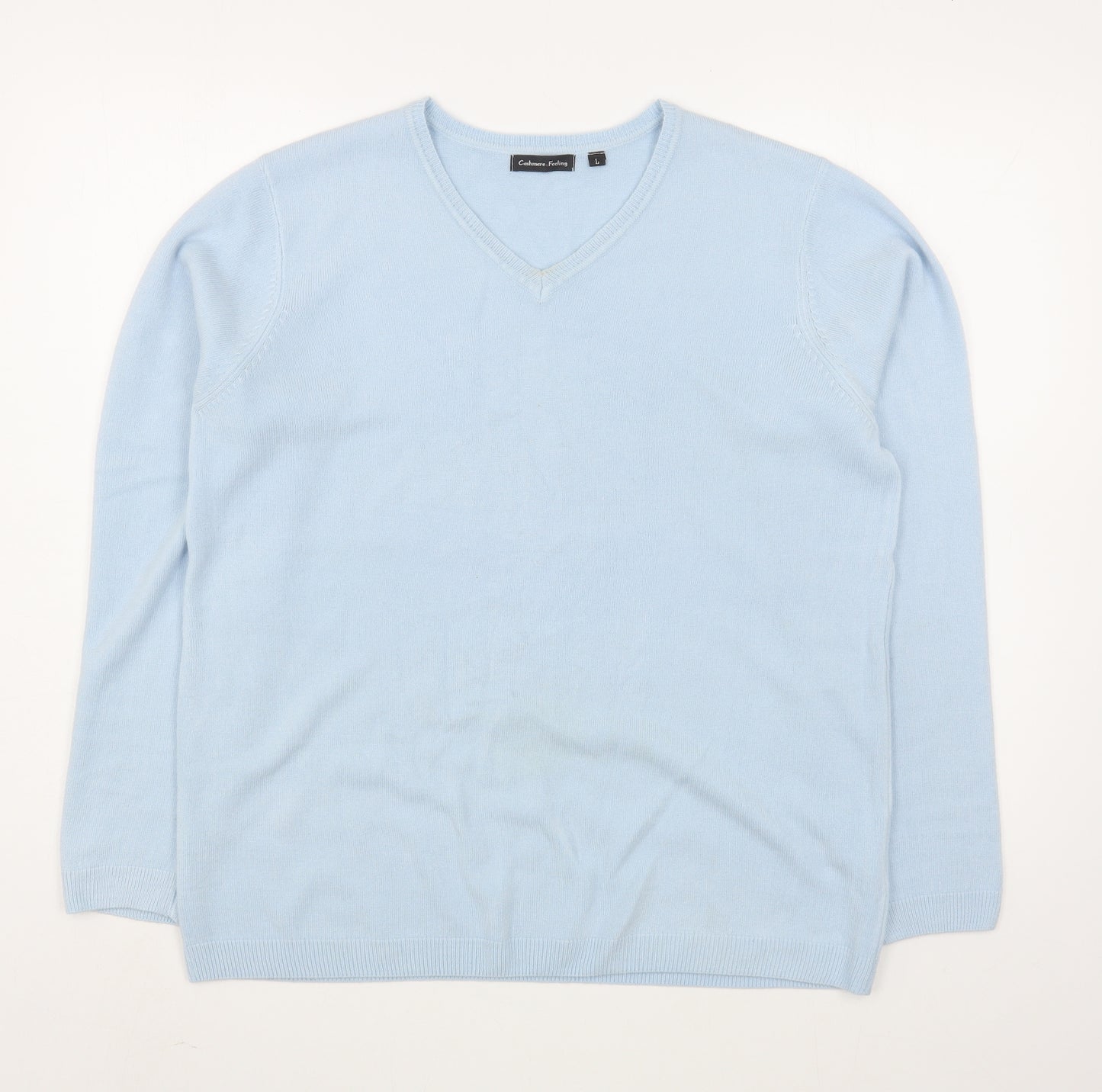 Cashmere Feeling Womens Blue V-Neck  Acrylic Pullover Jumper Size L