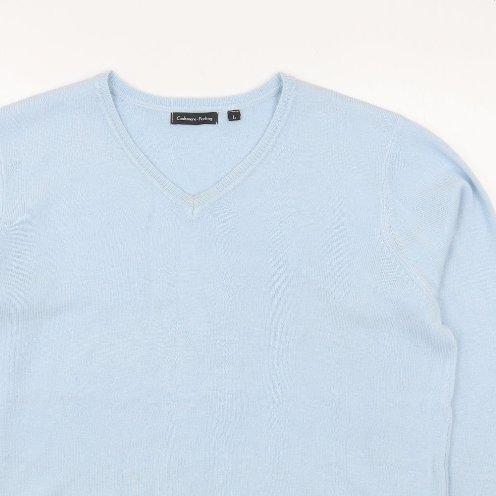 Cashmere Feeling Womens Blue V-Neck  Acrylic Pullover Jumper Size L