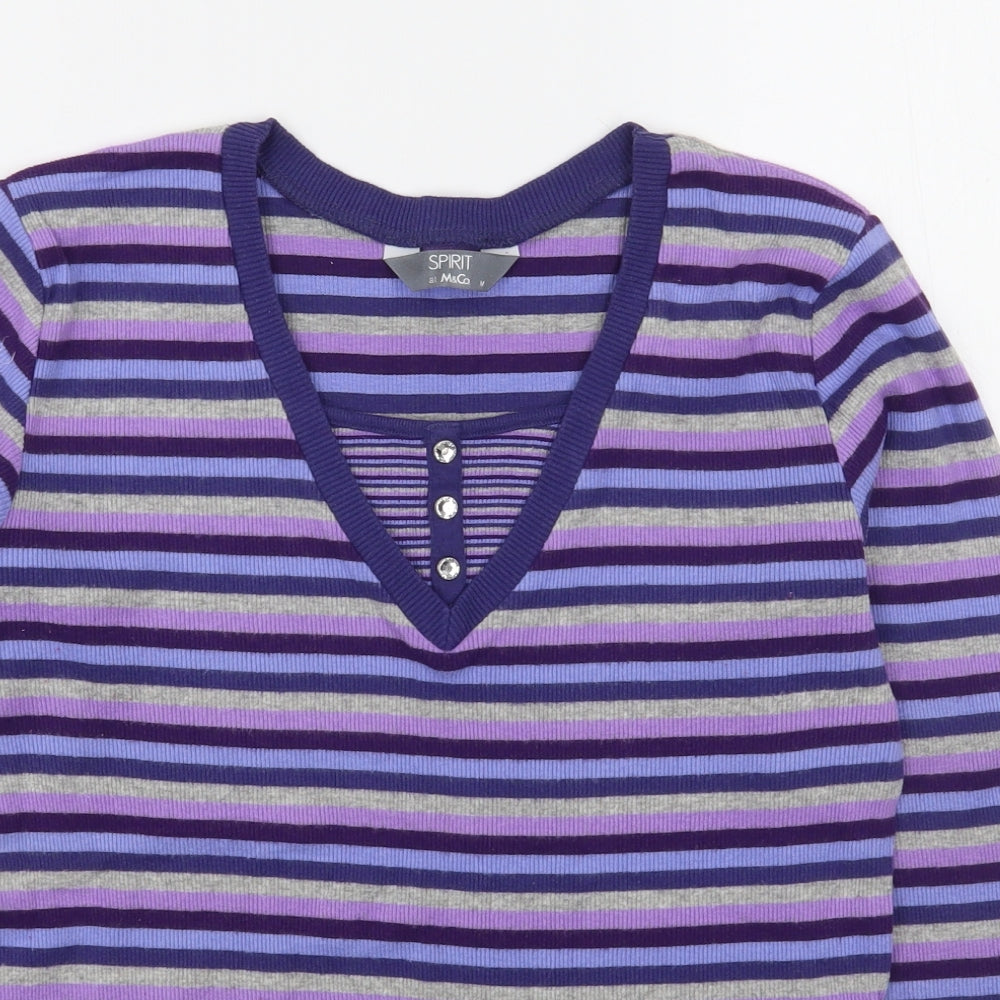 Spirit Womens Purple Square Neck Striped Cotton Pullover Jumper Size M