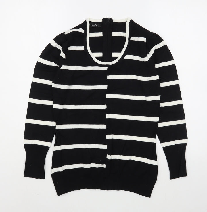 M&Co Womens Black Scoop Neck Striped Viscose Pullover Jumper Size M