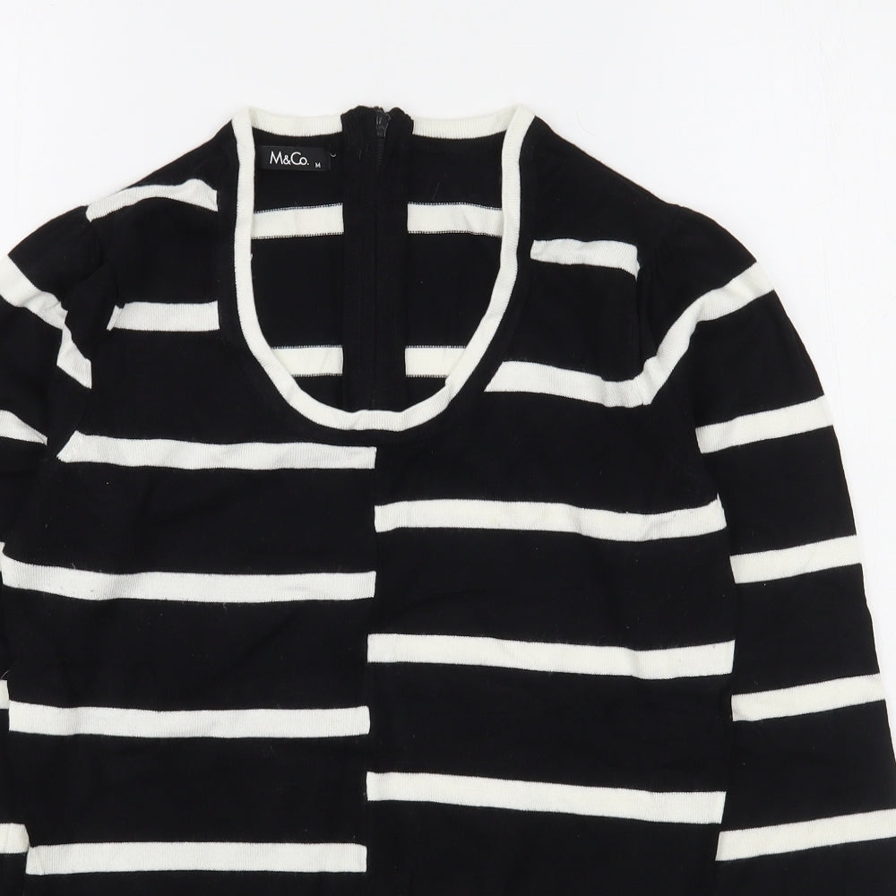 M&Co Womens Black Scoop Neck Striped Viscose Pullover Jumper Size M