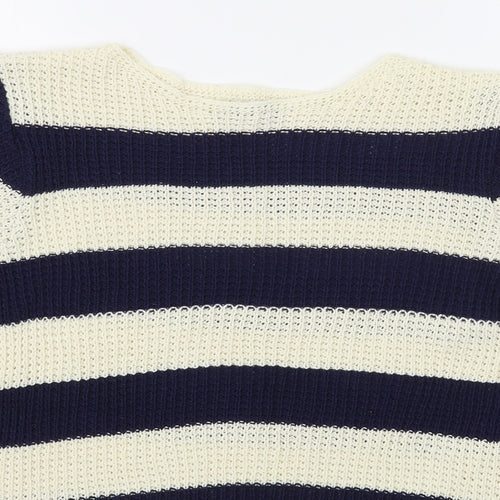 M&Co Womens Blue Boat Neck Striped Cotton Pullover Jumper Size M