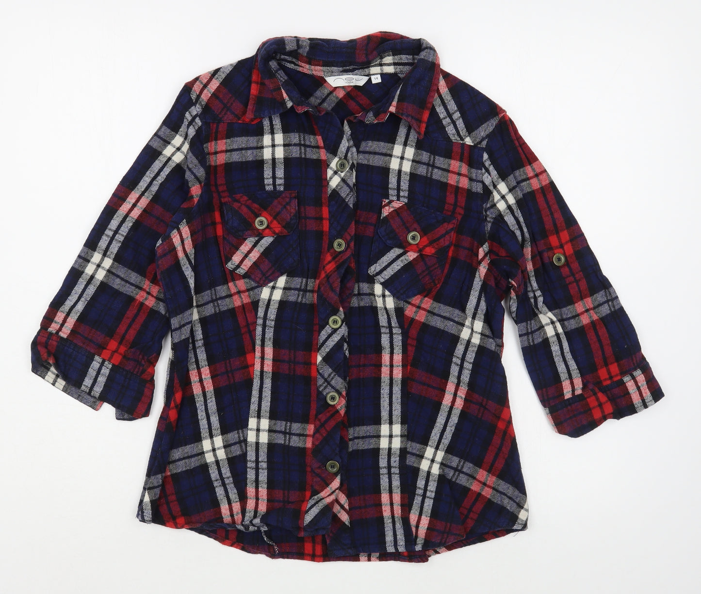New Look Womens Multicoloured Plaid 100% Cotton Basic Button-Up Size 14 Collared