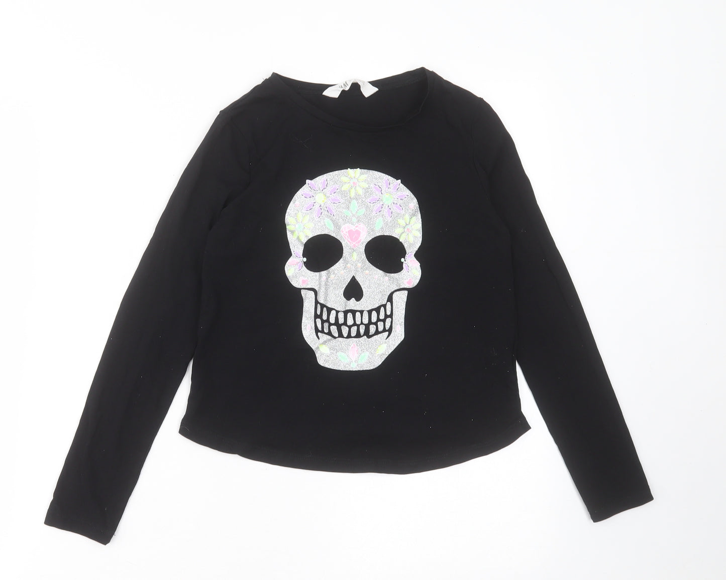 H&M Girls Black  Cotton Basic Casual Size 8-9 Years Crew Neck Pullover - Skull