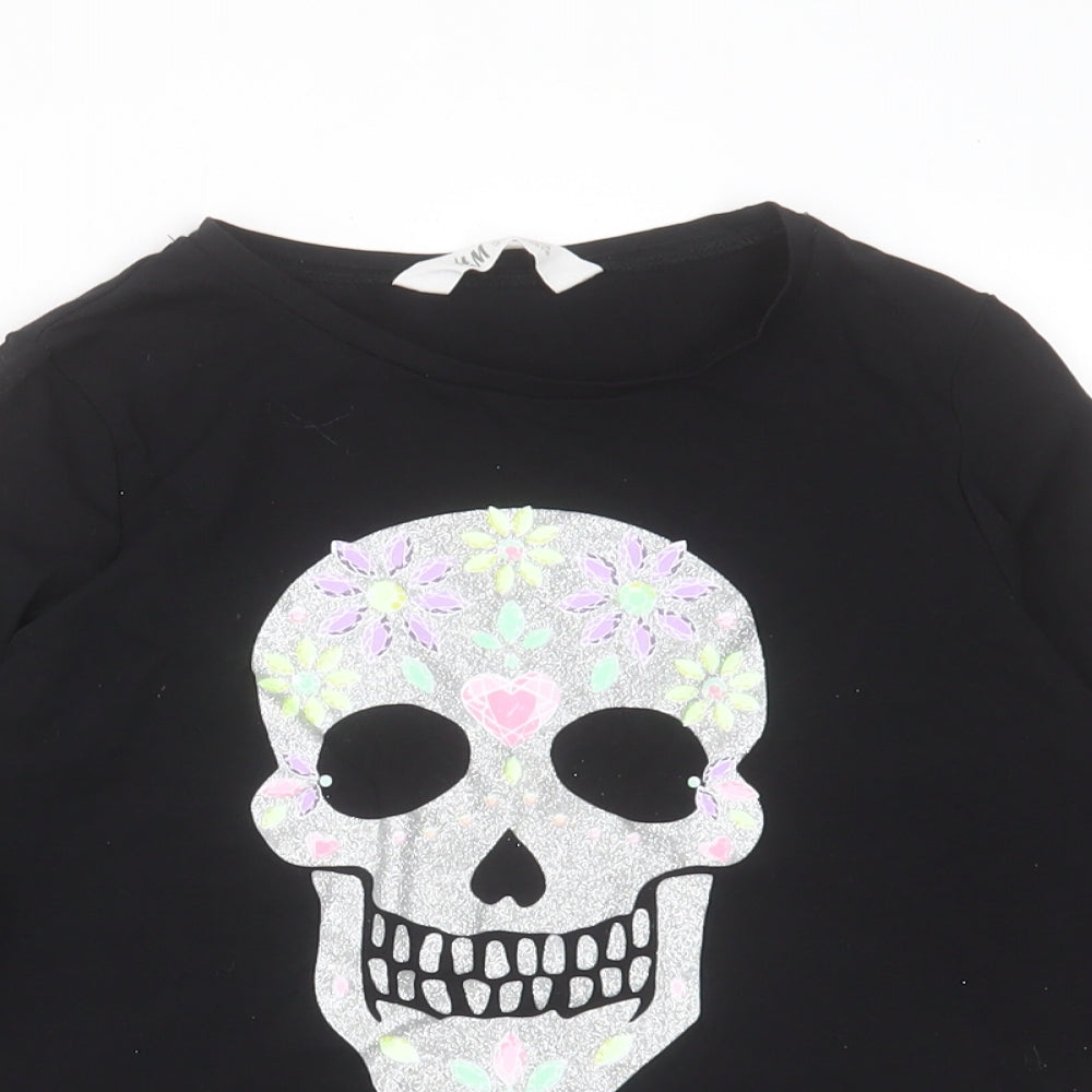 H&M Girls Black  Cotton Basic Casual Size 8-9 Years Crew Neck Pullover - Skull