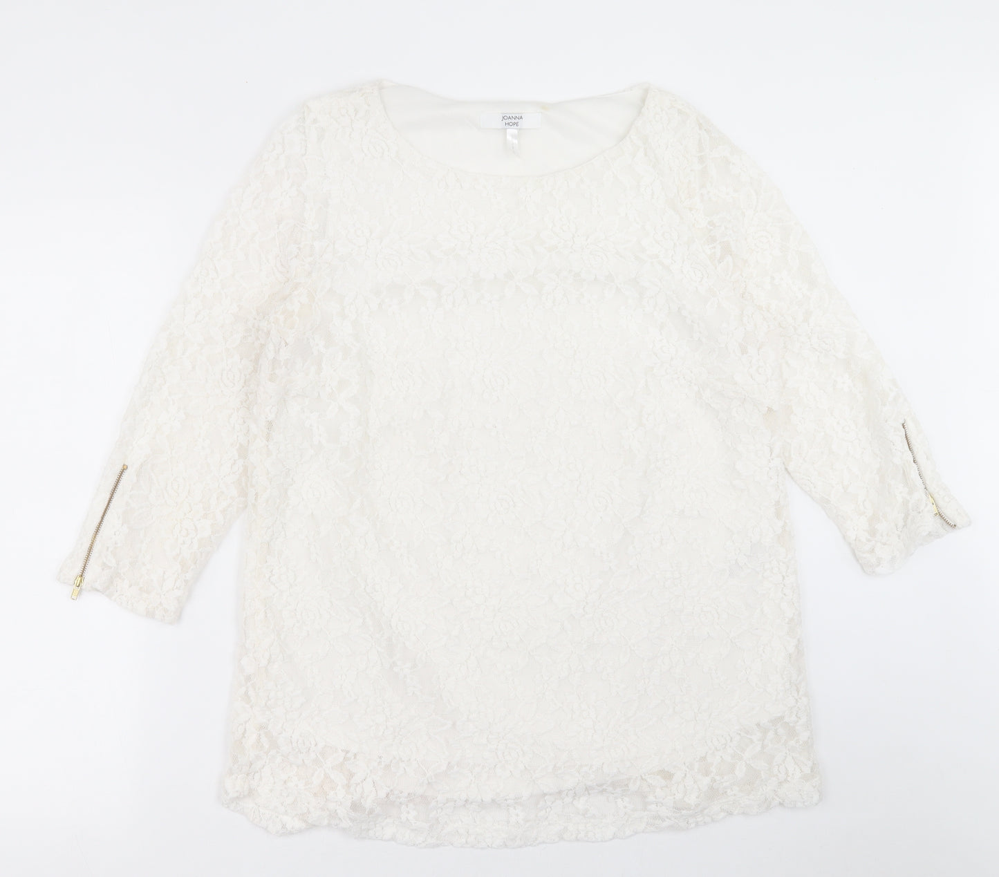 Joanna Hope Womens White Floral Polyester Basic T-Shirt Size 16 Boat Neck