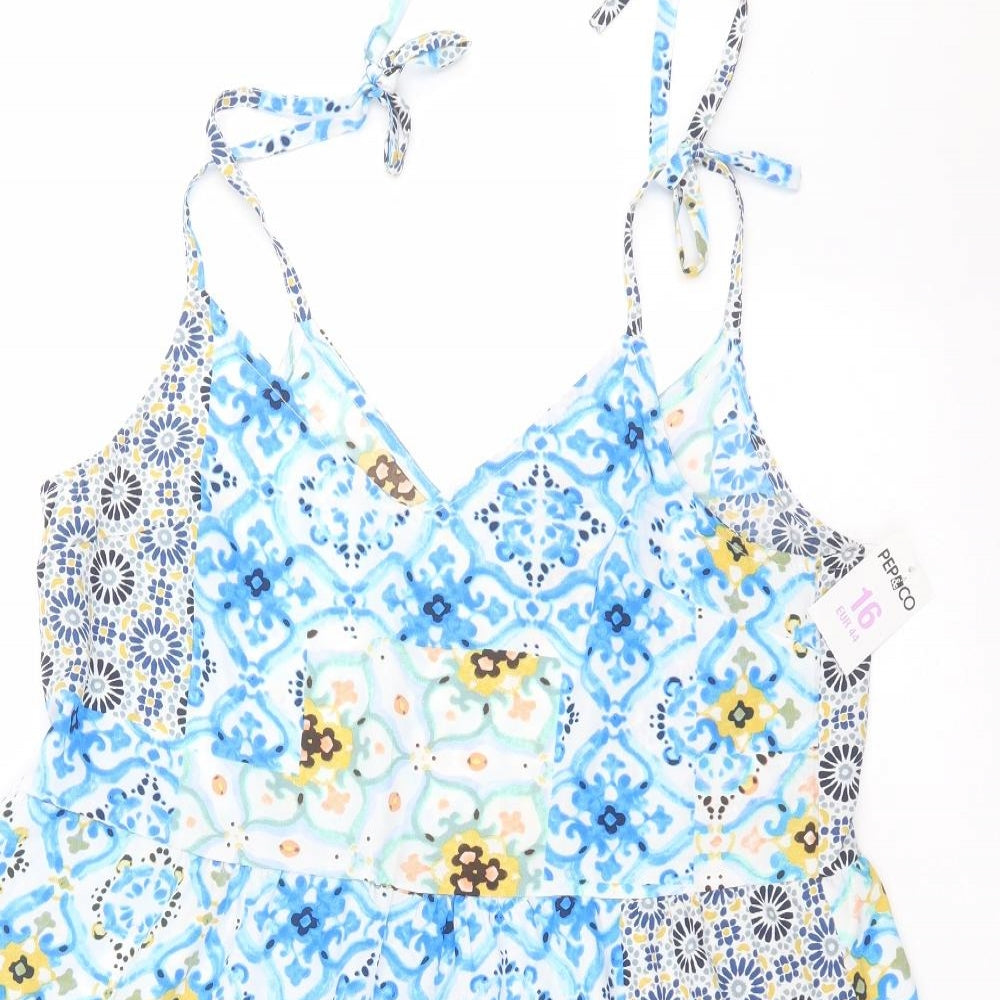 pep&co Womens Blue Geometric Polyester A-Line  Size 16  V-Neck Pullover