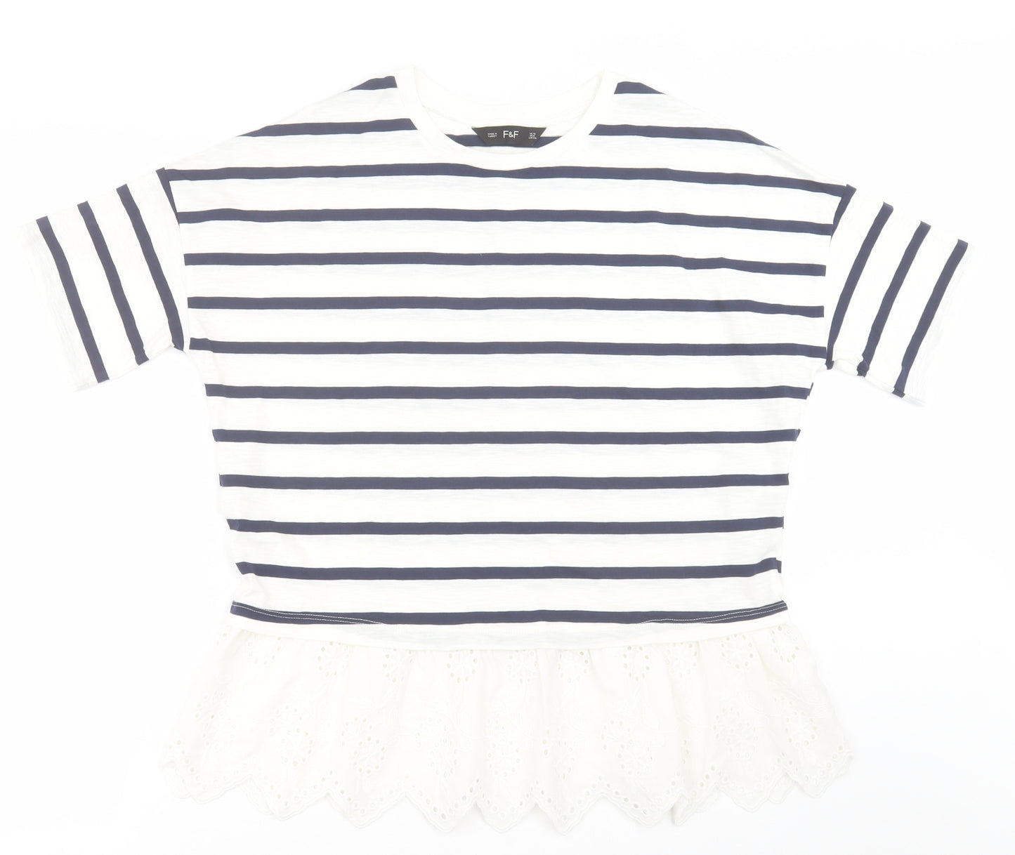F&F Womens White Striped Cotton Basic T-Shirt Size 12 Crew Neck