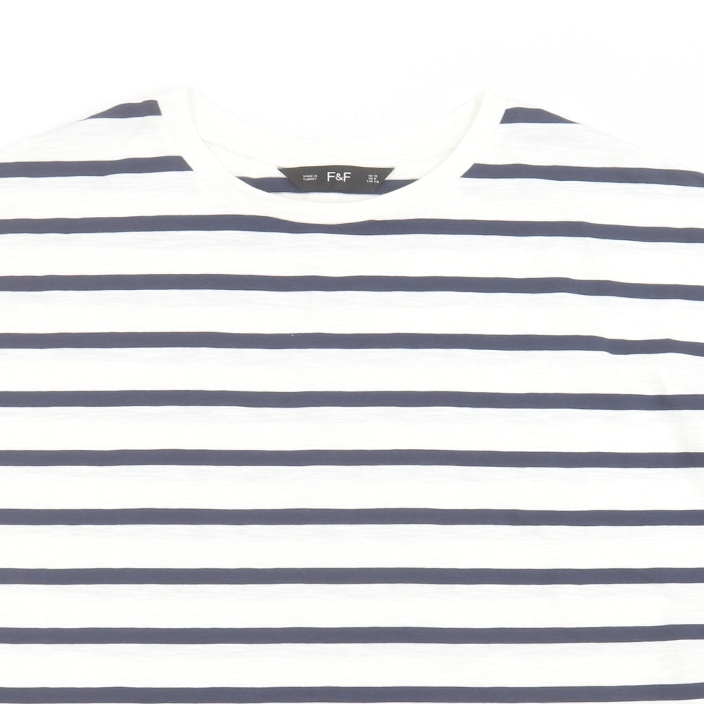 F&F Womens White Striped Cotton Basic T-Shirt Size 12 Crew Neck