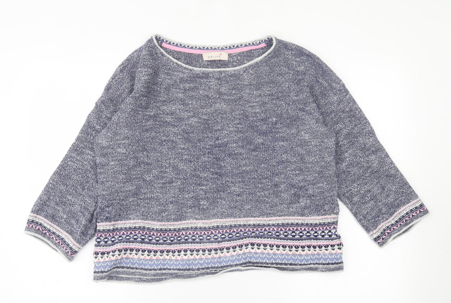 Per Una Womens Blue Crew Neck Geometric Cotton Pullover Jumper Size 14