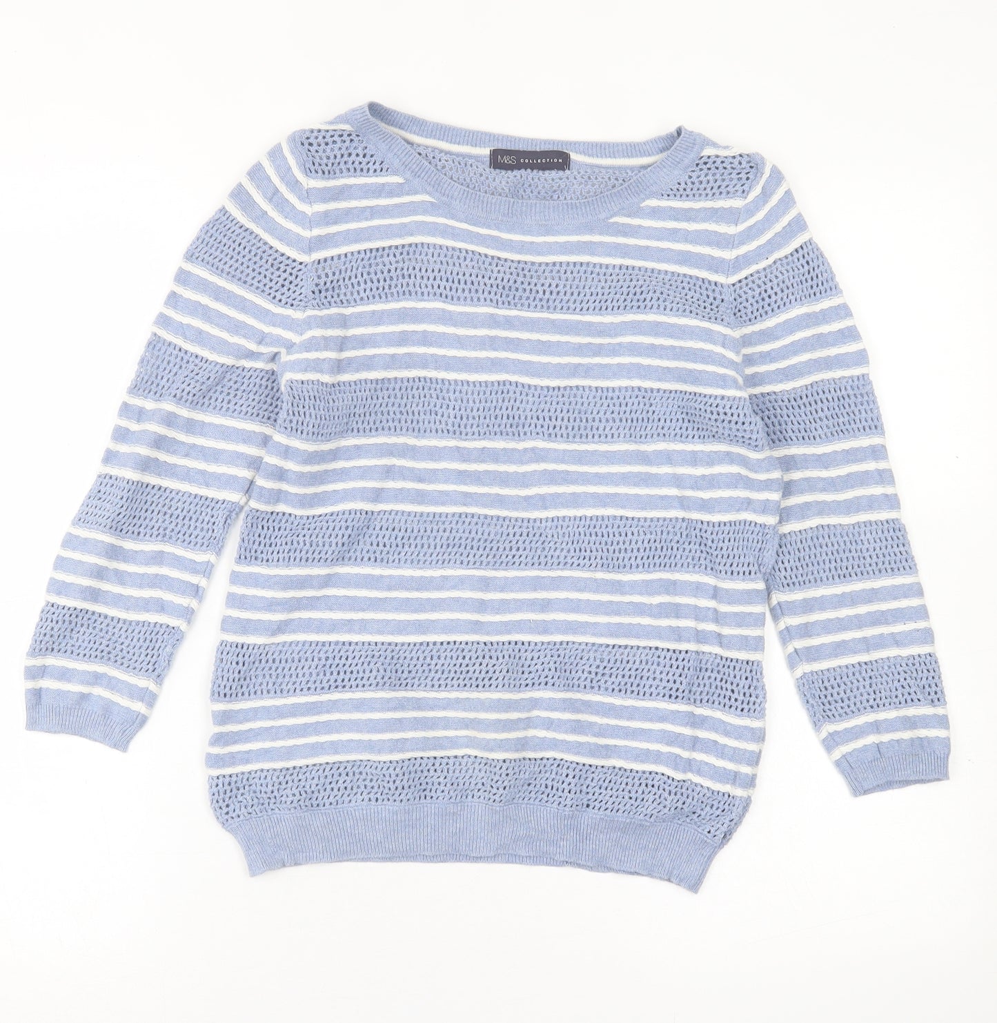 Marks and Spencer Womens Blue Crew Neck Striped Cotton Pullover Jumper Size 8