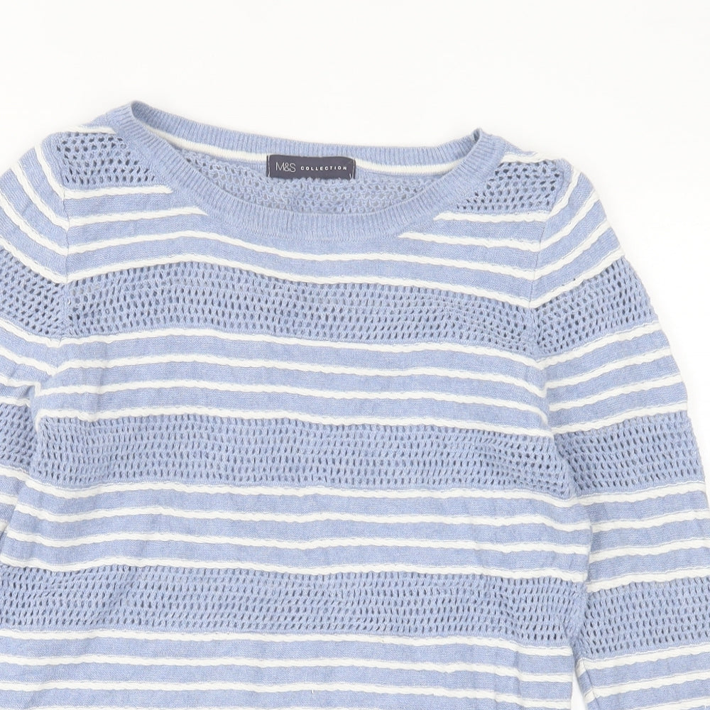 Marks and Spencer Womens Blue Crew Neck Striped Cotton Pullover Jumper Size 8