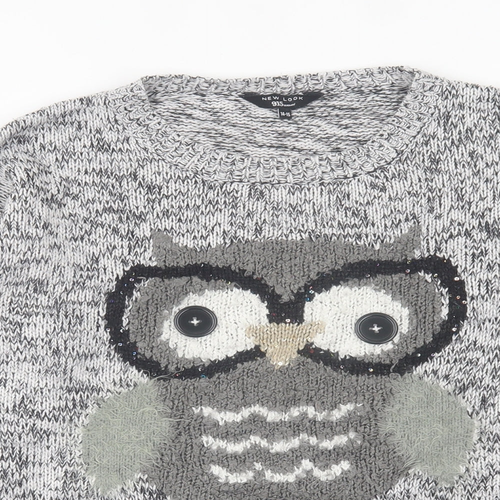 New Look Girls Grey Crew Neck  Acrylic Pullover Jumper Size 14-15 Years  Pullover