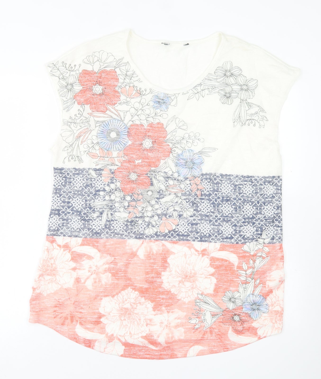 Preworn Womens White Floral Polyester Basic T-Shirt Size 14 Crew Neck