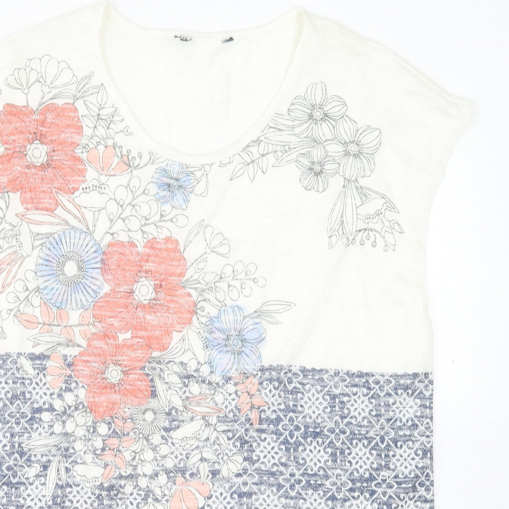 Preworn Womens White Floral Polyester Basic T-Shirt Size 14 Crew Neck