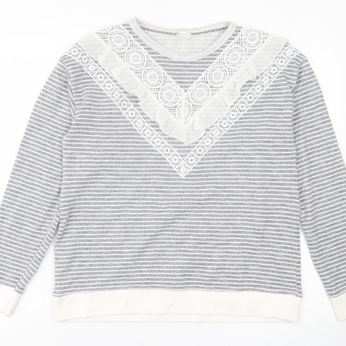 Falmer Womens Grey Crew Neck Striped Polyester Pullover Jumper Size 12