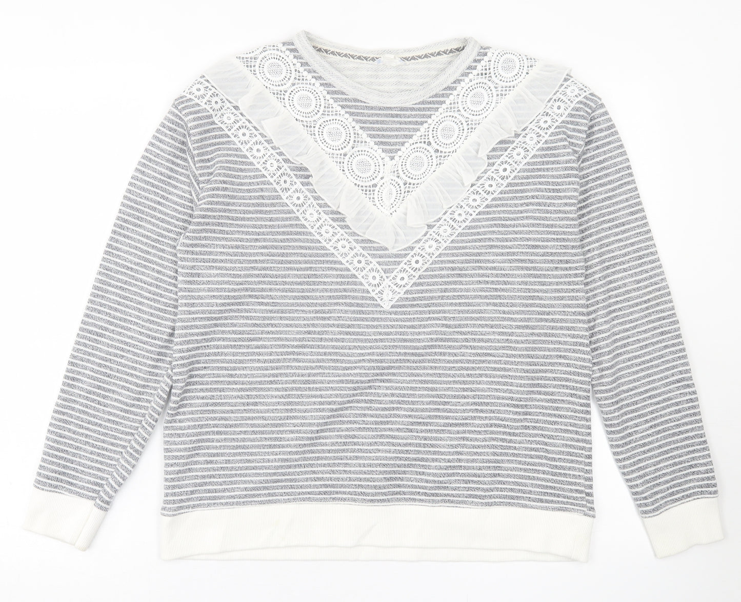 Falmer Womens Grey Crew Neck Striped Polyester Pullover Jumper Size 12
