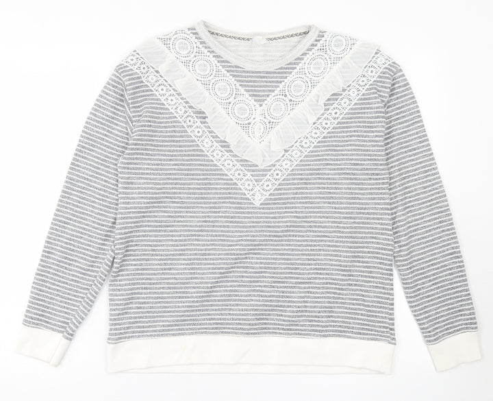 Falmer Womens Grey Crew Neck Striped Polyester Pullover Jumper Size 12