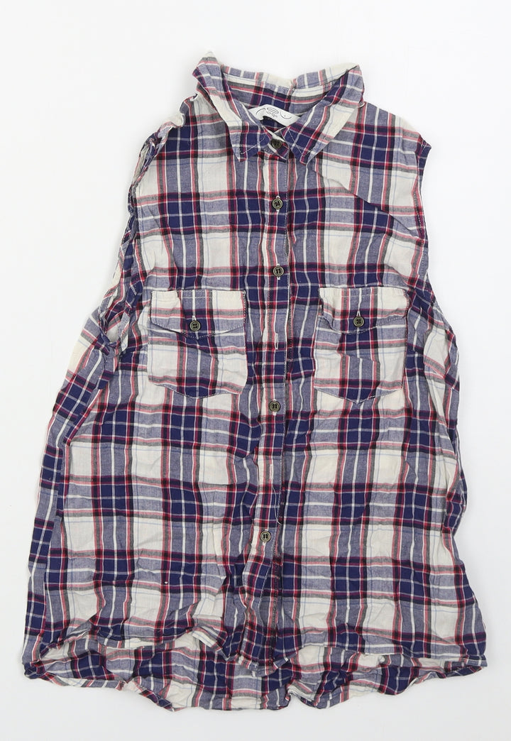 New Look Womens Blue Check Cotton Basic Button-Up Size 8 Collared