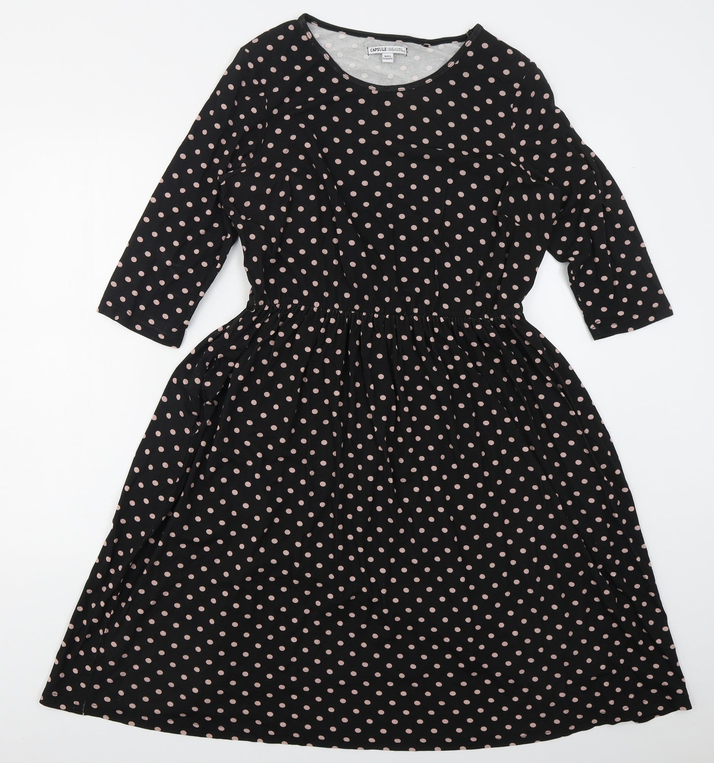 Capsule Womens Black Polka Dot Viscose Skater Dress  Size 12  Round Neck Pullover