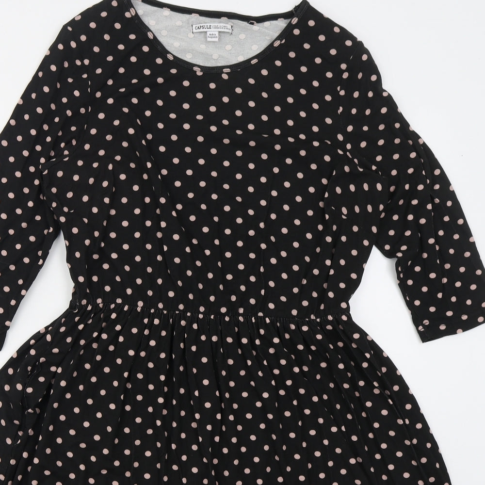 Capsule Womens Black Polka Dot Viscose Skater Dress  Size 12  Round Neck Pullover