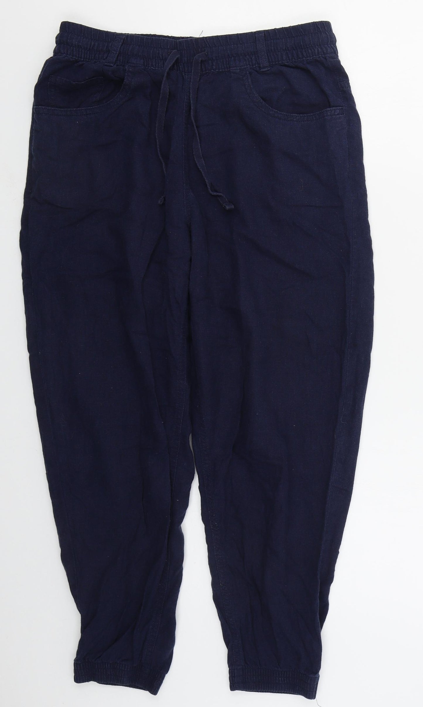 Marks and Spencer Womens Blue  Linen Trousers  Size 10 L23 in Regular Drawstring
