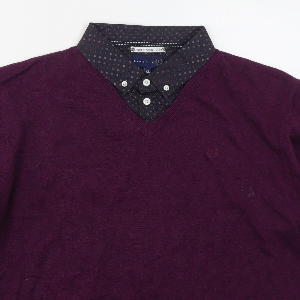 Lincoln Mens Purple Collared  Cotton Pullover Jumper Size L