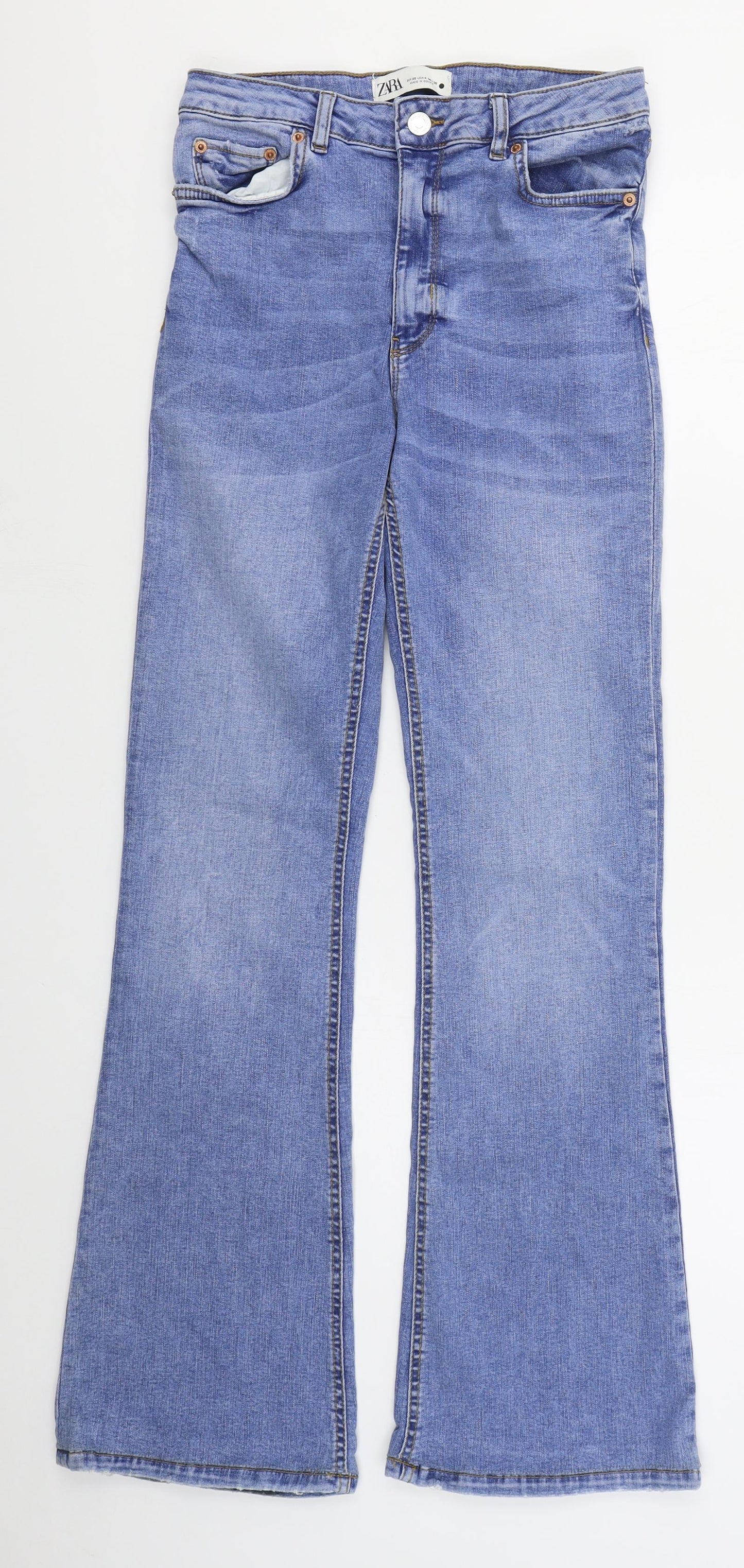 Zara Womens Blue  Cotton Flared Jeans Size 8 L30 in Regular Button