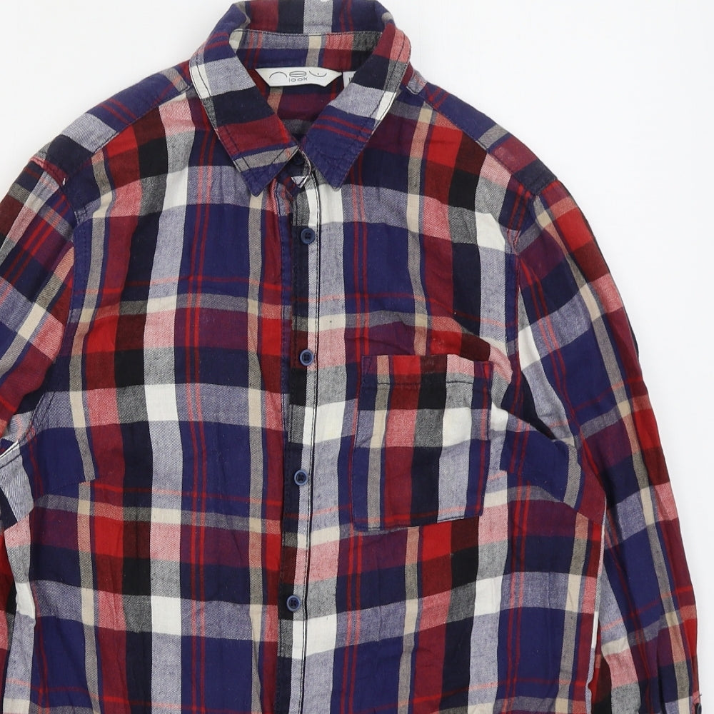 New Look Womens Blue Check Cotton Basic Button-Up Size 10 Collared - Red