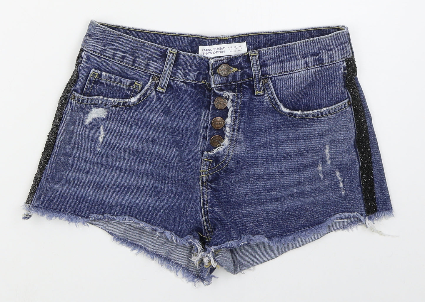 Zara Womens Blue  Cotton Hot Pants Shorts Size 8  Regular Button