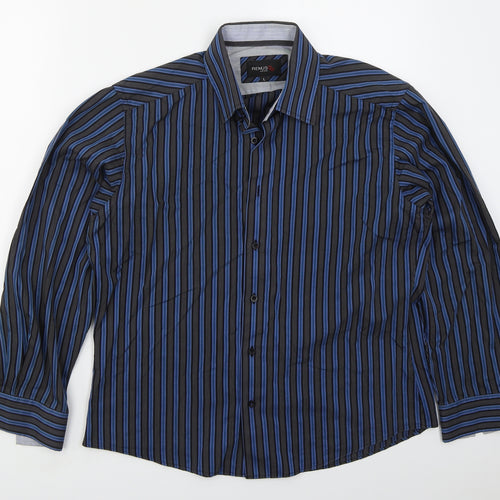 Remus Uomo Mens Blue Striped Cotton  Button-Up Size L Collared Button