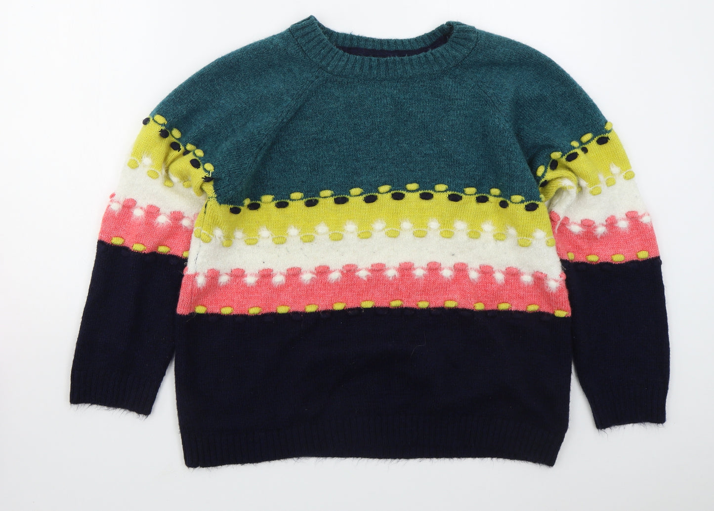 Nutmeg Womens Blue Crew Neck Striped Acrylic Pullover Jumper Size 16   - Green Yellow Pink