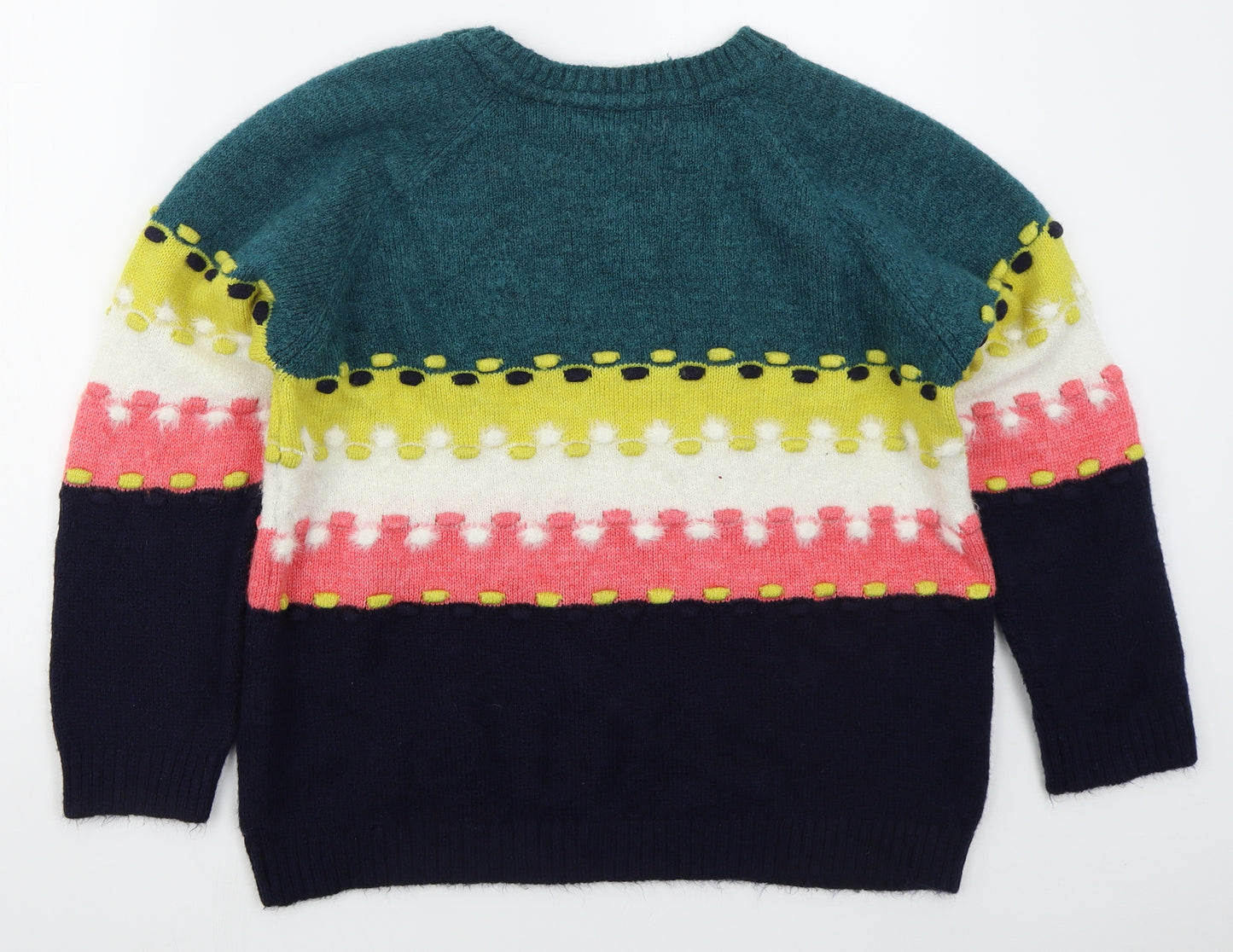 Nutmeg Womens Blue Crew Neck Striped Acrylic Pullover Jumper Size 16   - Green Yellow Pink