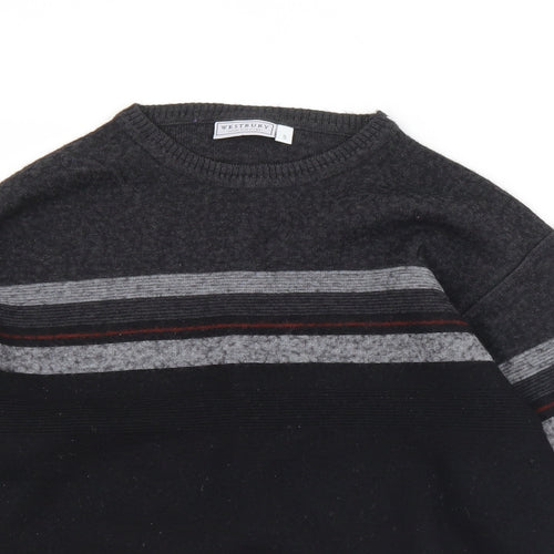 Westbury Mens Black Crew Neck Striped Acrylic Pullover Jumper Size S